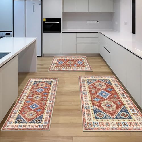 HEBE Boho Kitchen Rugs Set of 3, Non Slip Washable Kitchen Mats for Floor