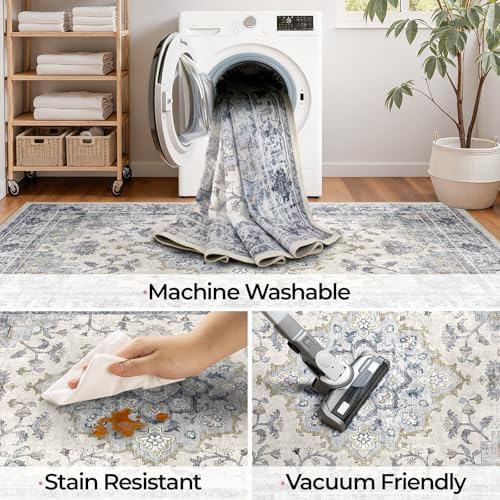 CAPALOCA 5x7 Washable Nursery Girls Low Pile Area Rug Blue White