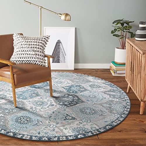 Lahome Moroccan Trellis Round Rug, 5ft, Blue, Faux Wool, Machine Wash, Non-Slip Backing, Low Pile, Floral Pattern, Area Rug for Bedroom, Living Room, Bathroom