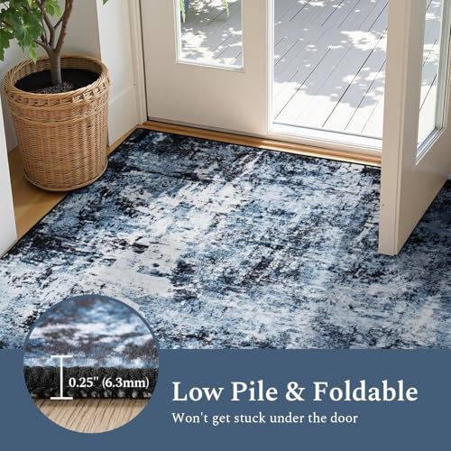 Rugflix 3x12 Runner Rug for Hallway, Washable Navy Blue Long Runners