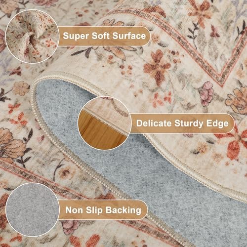 DUKINO 2x6 Runner Rug, Washable Vintage Floral Kitchen Rug, Beige