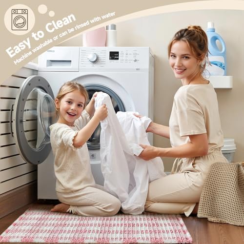 TYUU Waffle Bath Mat, Small Cute Bathroom Rug Non Slip, 24x16 Pink & White