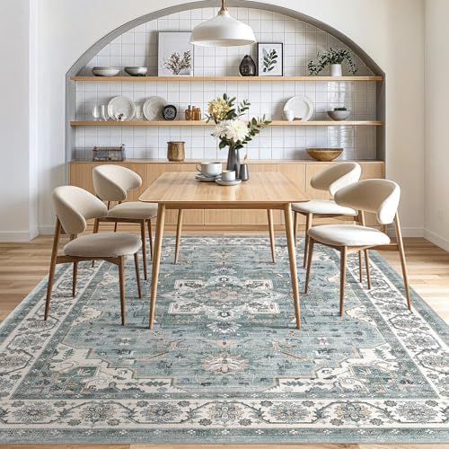 cotiled 10x12 Area Rug for Living Room, Washable, Traditional, Denim Blue