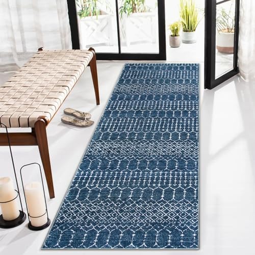 Lahome Moroccan Extra Long Runner Rugs for Hallways, 2.5x12 Rug Runner Washable Ultra-Thin Carpet Non Slip, Faux Wool Soft Modern Floor Print Mat for Entryway Stair (Blue, 2'5''x12') Hana