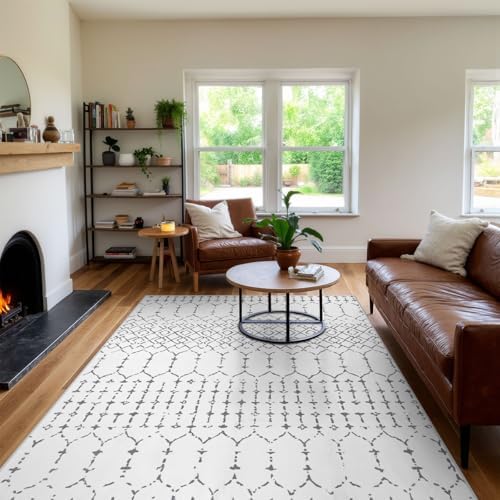 Lahome Moroccan 9x12 Washable Area Rug - Non-Slip Washable Ultra-Thin Soft Large Rug for Living Room, Modern Geometric Print Stain Resistant Carpet for Bedroom Dining Room Hana, White