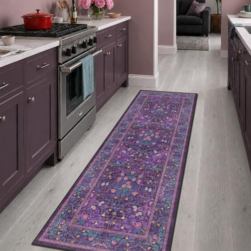 Washable Plum Purple Runner Rug 2x6 - Boho Rug Runner for Bathroom, Kitchen, Indoor Entryway, Low Pile Violet Carpet for Bedroom Bedside, Laundry Room, Hallway Mats for Floor, Stain Resistant