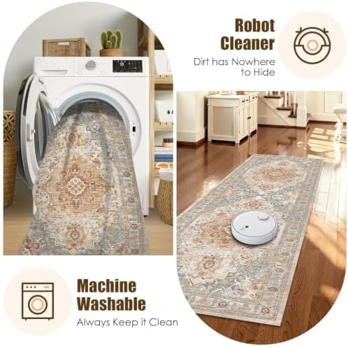 Washable Area Rug 2'6'' x 8' Vintage Traditional Persian Mat - Foldable Distressed Non-Slip Machine Washable Carpet for Living Room Bedroom Kitchen Home Decor - Dove Gray and Coral