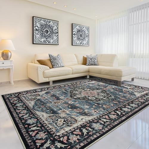 Amearea Vintage Design Area Rug for Living Room, 4x6 Navy Blue Bedroom Rug