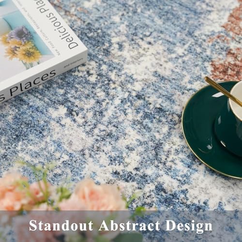7x7 Square Rug Machine Washable – Modern Neutral Abstract Non-Slip Area Rug for Dining Room Living Room Kitchen Bedroom – Low-Pile Accent Indoor Carpet (Blue Rust, 7x7)