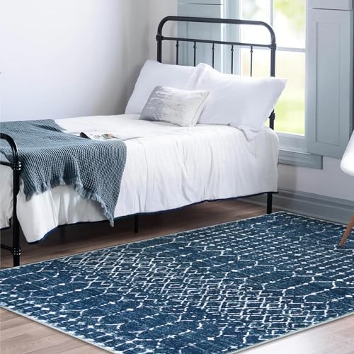 Lahome Moroccan Blue Area Rug 5x7 Machine Washable Non-Slip Throw Living Room Rugs Ultra-Thin Stain Resistant Soft Rug for Bedroom, Geometric Print Modren Carpet for Dining Room Office Entryway Hana