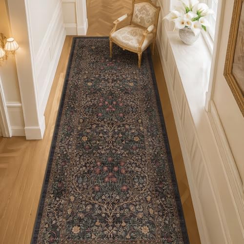 Dark Brown 2'6" x 8' Runner Rug for Hallways Non Slip, 8ft Extra Long Floor Runner for Kitchen, Entryway Indoor, Washable Rubber Backing Stain Resistant - Vintage Dark Botanical Floral Décor