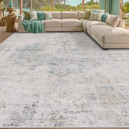 Hazo Haus Modern Farmhouse Area Rug for Living Room - 10x14 Blue Gray Big Rug for Dining Room Table, Lightweight Foldable Low Pile Washable, Distressed Design