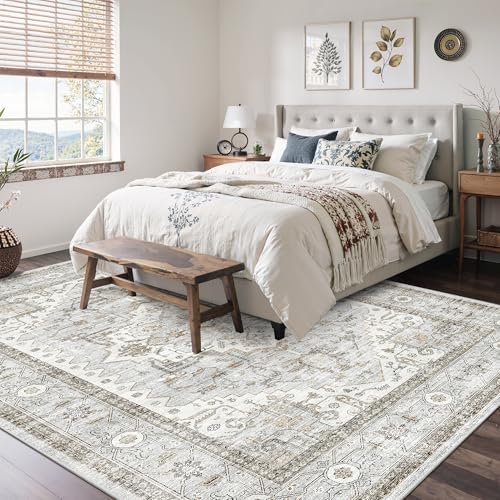 befbee 6x9 Washable Area Rug, Vintage Floral Non Slip Low Pile Carpet Blue