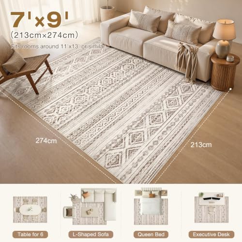 cotiled Boho 7x9 Area Rug for Living Room: Large Moroccan Washable Rug
