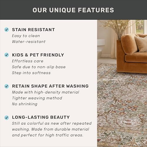 Vintage Moss Green 3x6 Runner Rugs for Large Entryway, Bedroom Beside Rug, Kitchen, Non-Slip Low Pile Ultra Soft Stain Resistant Small Floral Neutral Carpet