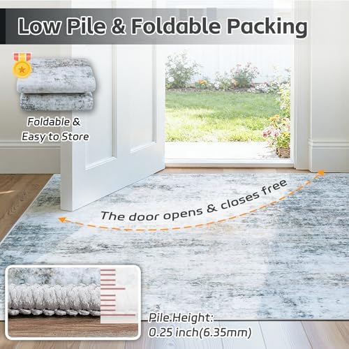 6x9 Washable Area Rug for Living Room Bedroom: Non-Slip Modern Blue Grey