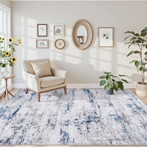 6x9 Area Rugs for Living Room Large Washable Abstract Rug White Gray Blue