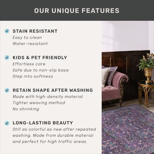 Washable Violet 5x7 Area Rug for Living Room, Vintage Dark Purple Dining Room Rugs for Under Table, Boho Foldable Low Pile Soft Carpet, Stain Resistant & Traditional Plum Floral Design