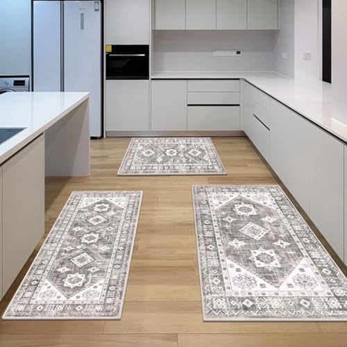 HEBE Boho Kitchen Rugs Set of 3, Non Slip Washable Kitchen Mats for Floor