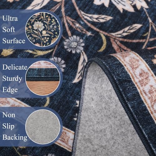 DUKINO 2x3 Rug, Washable Vintage Floral Bathroom Rugs Non Slip, Navy Blue