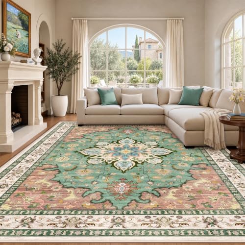 8x10 Area Rugs for Living Room: Washable Large Vintage Floral Rug Low Pile Non-Slip Boho Carpet for Bedroom Dining Home Office (RedGreen, 8'x10')