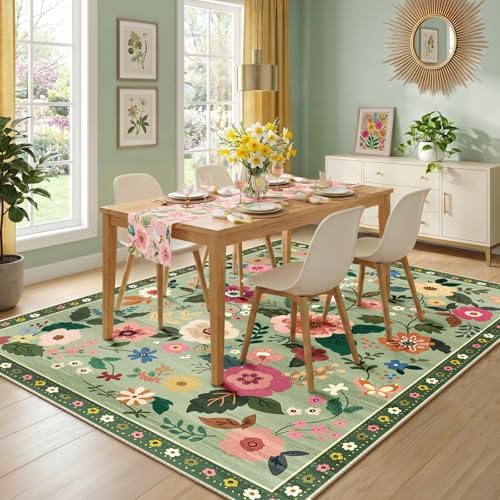 RELEANY Floral Washable 9x12 Area Rugs LightGreen