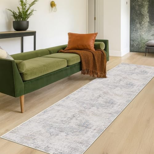 Hazo Haus Non Slip 10ft Long Hallway Runner Rug - Blue and Gray 2 x 10 Runner Rug, Washable & Waterproof 2x10 Kitchen Floor Mat - Modern Abstract Design Décor, Distressed Design