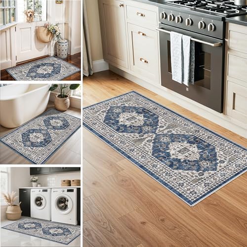 3 Pieces Kitchen Rug Sets: Farmhouse Washable Non-Slip Floor Mat for Sink Stove & Fridge Area Water Resistant Carpet for Laudry Room Entryway Soft Cozy Runners for Kids Pets Family(2x3+2x4+2x5,Blue)
