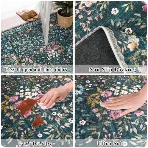 6x6 Washable Area Rug Living Room: Floral Non-Slip Washable Mat for Indoor Floor Dining Room Bedroom High Traffic Area - Soft Low Pile Carpet for Vintage Boho Home Decor (6ft Square, Green)