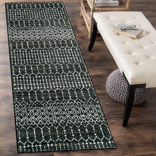 Lahome Moroccan Black Rug 2x8 Washable Non-Skid Kitchen Floor Runner, Low-Profile, Non Slip, Geometric Print Distressed Entryway Runner for Hallways, Laundry Room, Foyer Hana