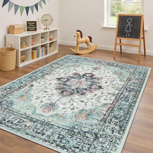 RELEANY Washable Area Rug, 4'x6', Teal Green/White/Navy