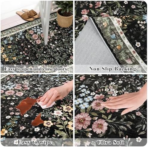 10x10 Square Area Rug Living Room: Boho Floral Washable Mat for Dining Room Bedroom Office High Traffic Area Soft Non Slip Low Pile Indoor Carpet for Vintage Farmhouse Home Decor (10ft Square, Black)