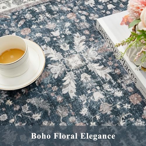 Kitchen Rug Sets 4-Piece with Runner – Washable Non-Slip Floor Mats for Sink, Entryway, Hallway, Bathroom – Soft Low-Pile Thin Boho Floral Rugs, New Home Decor (Blue, 2x3+2x4+2x5+2x6)