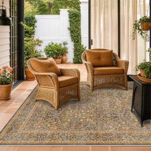 Washable Brown Oriental 5x8 Area Rug for Living Room, Dining Room, Low Pile Non-Slip Floor Carpet for Bedroom - Vintage Floral Design & Stain Resistance