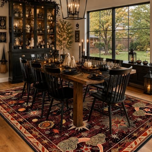 Vacuum-Friendly, 8x10 Washable Area Rug, Red Gold Beige