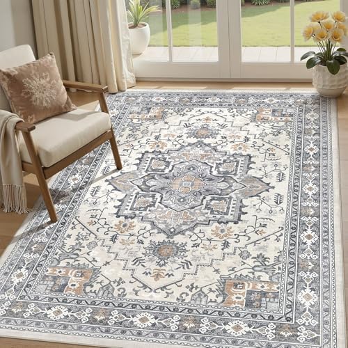 UERMEI 5x7 Area Rug Living Room Rugs - Washable Vintage Soft Large Rug Indoor Floor No Slip Rug Carpet for Bedroom Farmhouse Under Dining Table Home Office Decor - Grey-Orange