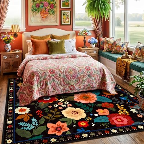 RELEANY Floral Washable Square 6ft Area Rug Black