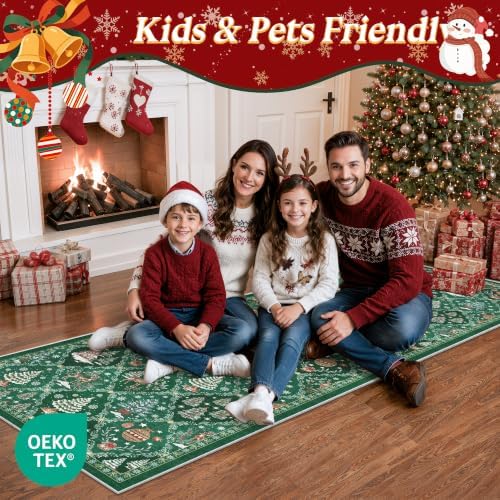 Christmas 2x10 Runner Rugs for Hallway, Green Non Slip Washable Kitchen Rug