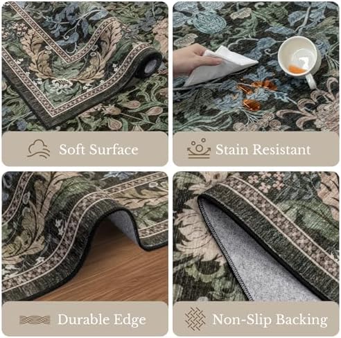 10x14 Area Rug Living Room: Soft Floral Washable Carpet Brown Green