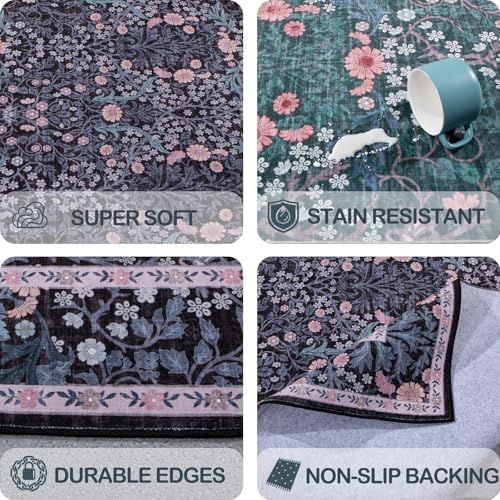 5x7 Washable Area Rugs for Living Room Soft Carpet (Black Flora)