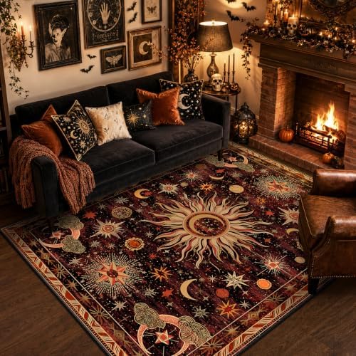 Vacuum-Friendly, 5x7 Washable Area Rug, Red Gold Beige