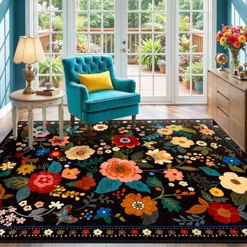 RELEANY Floral Washable 5x7 Area Rugs Black