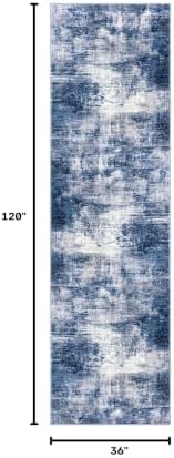 IOHOUZE Abstract Runner Rug 3x10 Ft Washable Runners for Hallways, Non Slip Kitchen Runner Printed Faux Wool Entryway Runner Indoor, Modern Abstract Floor Carpet for Hall Bedroom, Navy/Grey