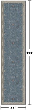 Vintage 3x12 Long Hallway Runner Rug - Blue Boho 3x12 Kitchen Floor Mat, Washable Low Pile Thin Carpet for Bedroom Bedside, Modern Eclectic Boho Design Décor