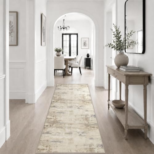 2x6 Washable Runner Rug：Modern Abstract Soft Carpet Beige Brown