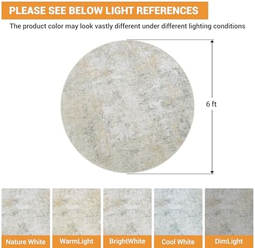Aelenmu Round Rug 6ft Washable Rug for Dining Room Living Room Beige Grey