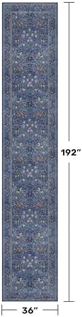 Vintage 3x16 Wide Hallway Runner Rug Non Slip, Ultra Thin Large Kitchen Indoor Floor Rugs for Entryway Hall Way, Soft Stain Resistant Low Pile Blue Floral Carpet
