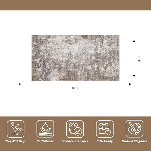4x8 Area Rug for Indoor Entrance– Non-Slip Washable Door Mat for Entryway Kitchen Hallway Bedroom – Modern Abstract Low-Pile Thin Wide Rubber Backed Floor Mats (Brown Beige, 4x8)