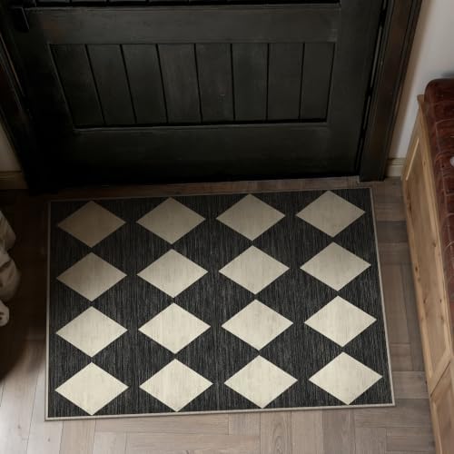 PureCozy Black 2x3 Washable Area Rug Entryway Non Slip Checkered Doormat