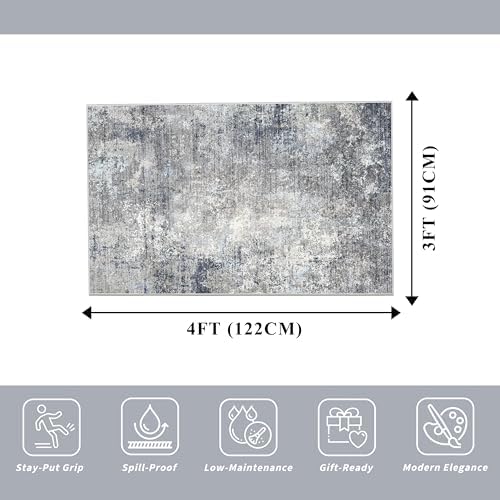 3x4 Washable Entryway Rug – Non-Slip Modern Abstract Small Area Rug for Kitchen, Bedroom, Bathroom – Soft Low-Pile Thin Indoor Door Mat （Blue Grey,3x4）